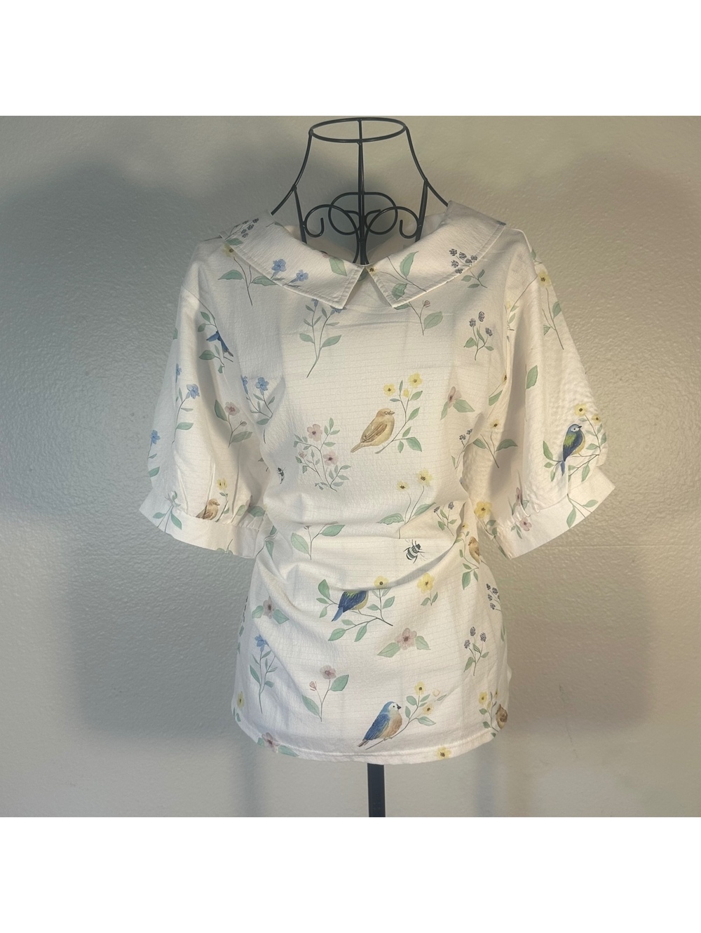 Floral Bird Print Shirt Peter Pan Collar Short Sleeve Shirt Cottagecore